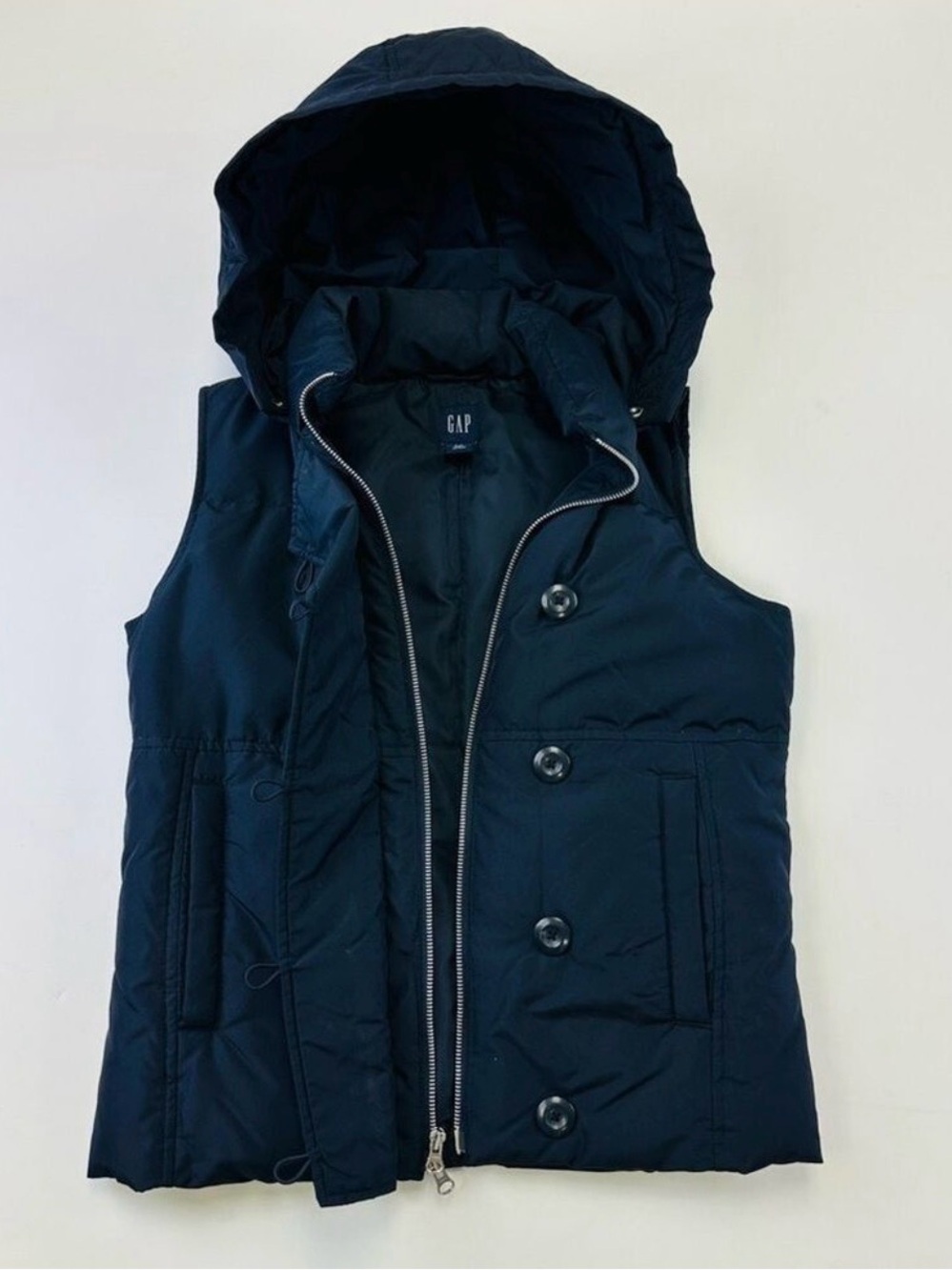 Gap navy down hooded vest Small navy zip & button front Quilted puffer womens